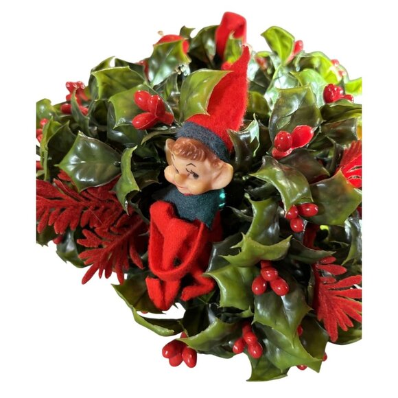 Vintage Christmas Holly Candle Holder Centerpiece With Red Berries & Elf Accents - Picture 3 of 7
